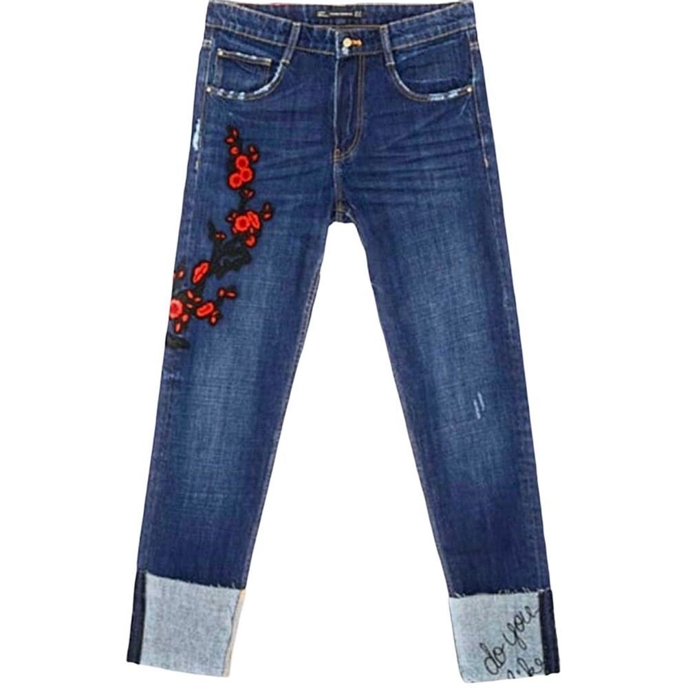Zara Cigarette Jean Light Indigo Blue With Red Cherry Blossoms Embroider…